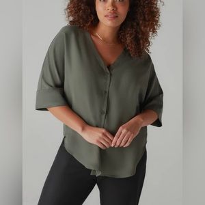 VETTA Olive Green Button-Down V-Neck Blouse